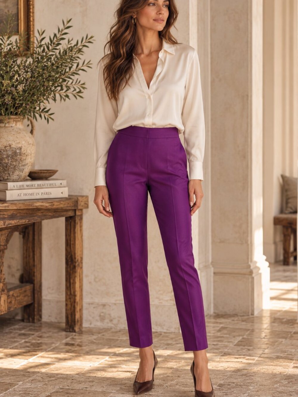 Clio Silk Pants Womens 4 Purple Straight Leg Flat Front Side Zip Luxury Office